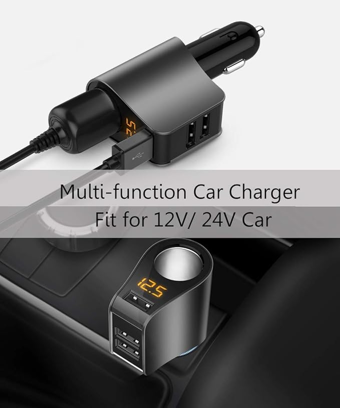 LIHAN Multi USB Cigarette Lighter Adapter, Car Charger Socket Splitter with 3 USB Ports, 12V/24V Outlet Plug Voltage Meter,Compatible for iPhone,iPad, Samsung Galaxy, LG, Google