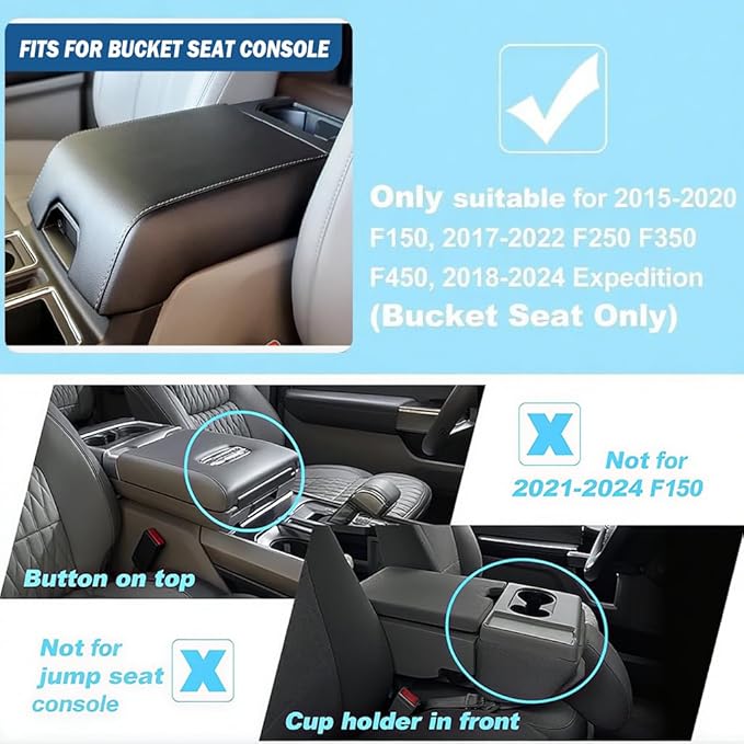 Center Console Cover for Ford F150 2015-2020, F250/F350/F450 2017-2022 & Expedition 2018-2024,Bucket Seat Central Thickened Armrest Box Cushion PU Leather Anti-Scratch Protector Interior Accessory