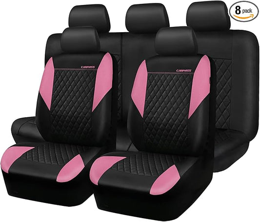 CAR PASS Pink Leather Seat Covers,Girly Quilting Pretty Cute Car Seat Cover with 5mm Composite Sponge Inside,Airbag Compatible, Universal Fit for Most Sedan,SUV,Vans(Full Set,Pink)