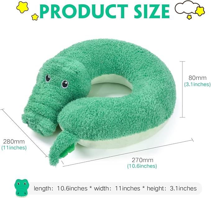 H HOMEWINS Travel Pillow for Kids,Cute Animal Neck Pillow for Boys Girls,Soft Neck Head Chin Support Pillow,Travel Accessories for Airplane, Car, Train,Recline (Crocodile)