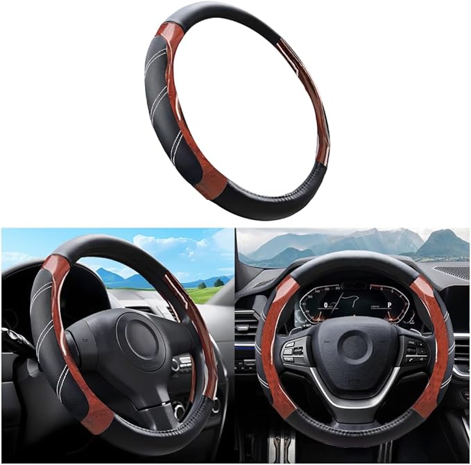 Mandark Car Steering Wheel Cover, Elastic Sport Leather Vehicle Steering Wheel Protector, Non-Slip Soft Grip Padded Auto Interior Protective Accessories, 14.5-15 Inch Universal Fit（Wooden Coffee）