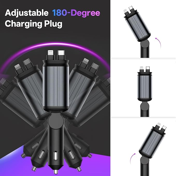 Retractable Car Charger, 4 in 1 Fast Charging Car Charger USB-C & USB-A Compatible with iPhone 16/15/14/13/12/11/X,Galaxy,Pixel