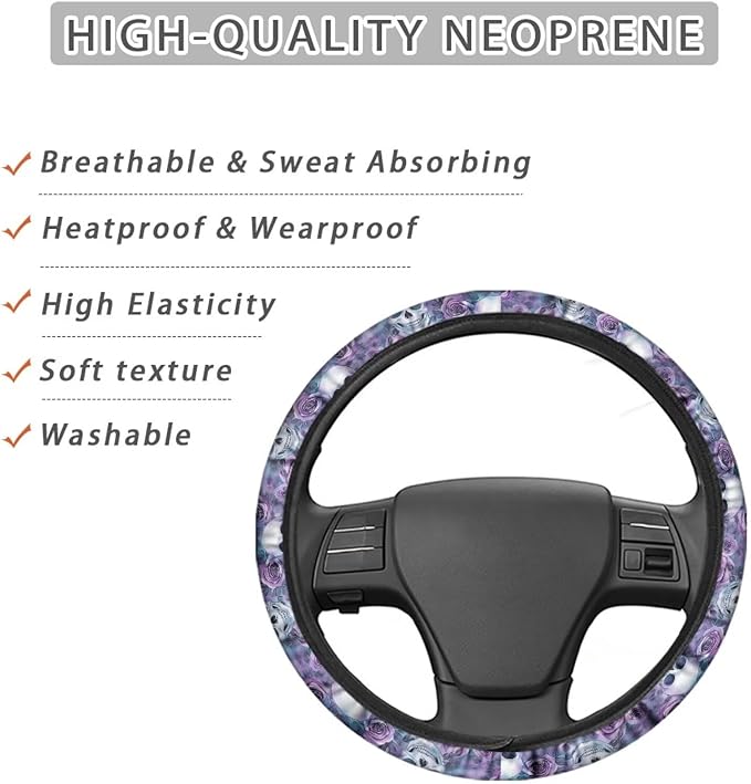 AFPANQZ Steering Wheel Protection for Automotive Steering Wheel Covers, Skull Purple Rose Sweat Absorption Comfort Grip for Driver Women Men