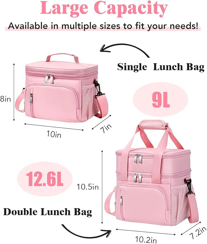 Insulated Lunch Bag for Women, Double Leakproof Lunch Box Soft Cooler Tote with 5 Pockets, 600D Oxford, EVA Lining, Adjustable Strap for Work, Picnic, Beach&Travel-Pink