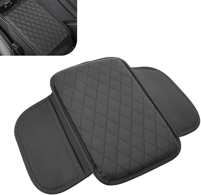 Car Center Console Cover, Waterproof Leather Car Armrest Cover Cushion with Side Storage Pockets, Upgraded Vehicle Armrest Storage Box, Universal for SUV, Sedan, Truck (Black)