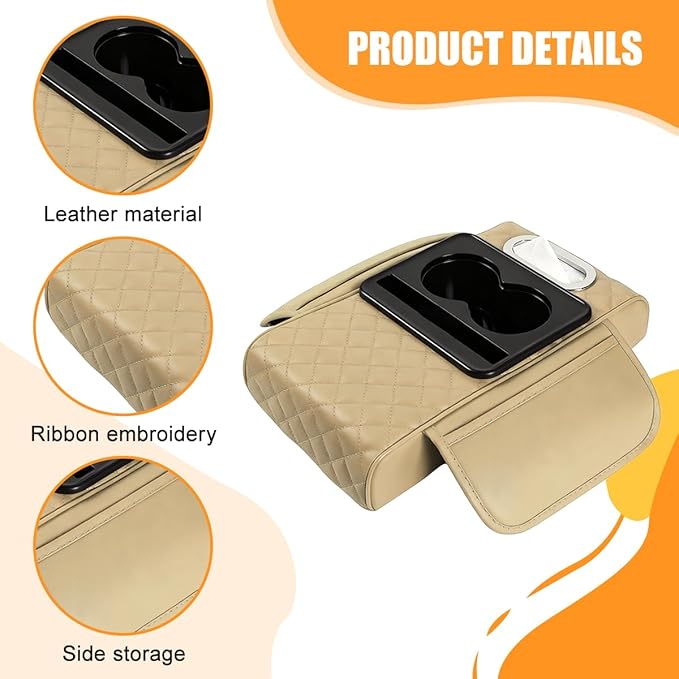 Car Armrest Cushion, 5-in-1 Nappa Leather Vehicle Centre Console Cover with 2 Storage Pockets, Cup Phone & Phone Holder, Multifunctional Auto Organiser Accessories, Universal Fit (Beige)