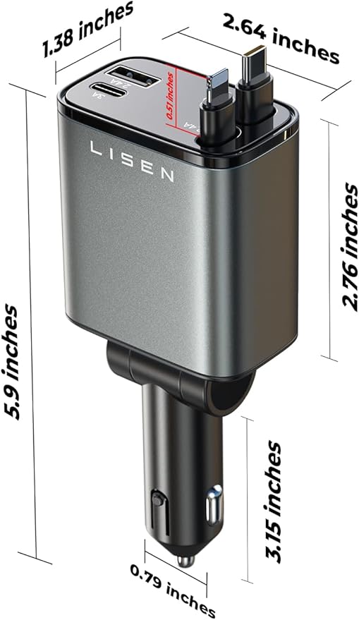 LISEN Long Retractable Car Charger 4 in 1 (47.2in Cable), USB C Car Charger for Truck/Jeep Drivers, Light Truck Jeep Accessories Fast Charging for iPhone 17 16 15 14 13 12 11 Series, Samsung S26 S25