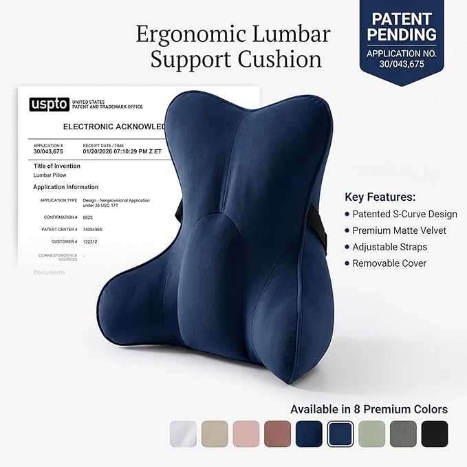 Lumbar Support Pillow(Pat. Pend) – Multi-Functional Ergonomic Back Cushion for Office Chair, Car Seat & Sofa, Reading Pillow with Firm Multi-Zone Support to Relieve Lower Back Pain,Teal Blue