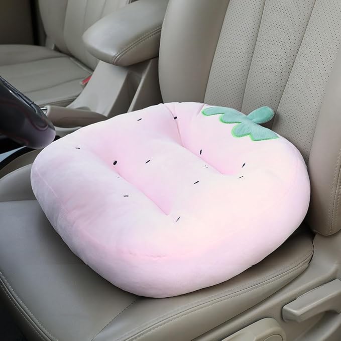 Cartoon Plush Car Booster Seat Cushion, Cute Funny Car Seat Cushion Heightening,Chair Cushion for Office Sofa Living Room (Strawberry)