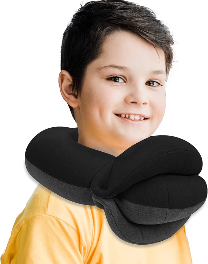 BUYUE Kids Travel Pillows for Airplane, 360° Head Support Sleeping Essentials for Children Long Flight, Skin-Friendly Soft Neck Pillow for Traveling in Car Seat, (Small, Black Grey, 40-90 lbs)