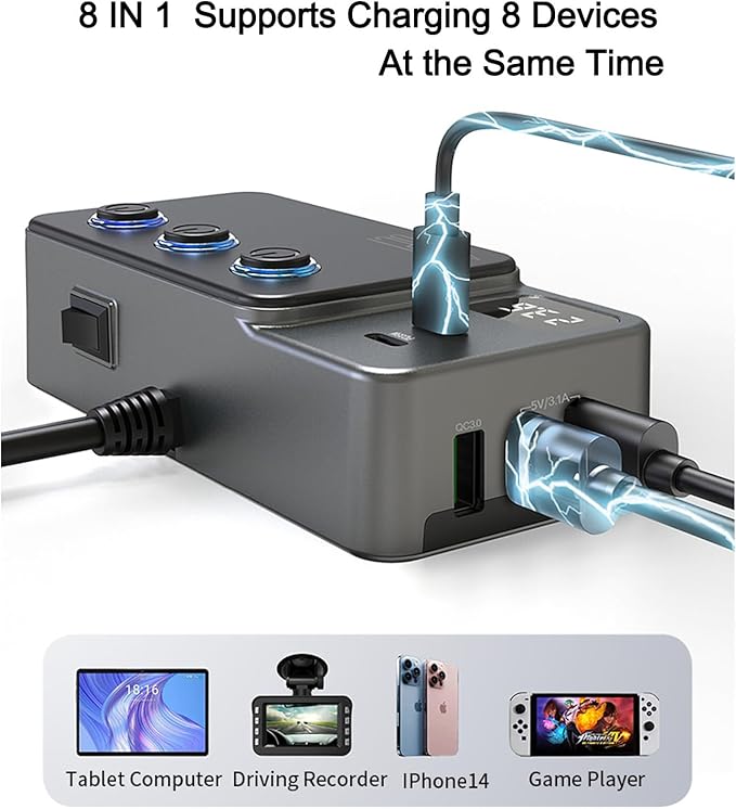 Cigarette Lighter Splitter, 8 in 1 Car Cigarette Lighter Adapter PD 35W Car Charger 3-Socket Heavy Duty Truck Multi Port USB C 12V/24V Independent Switches LED Display Super Fast Charger Car Devices