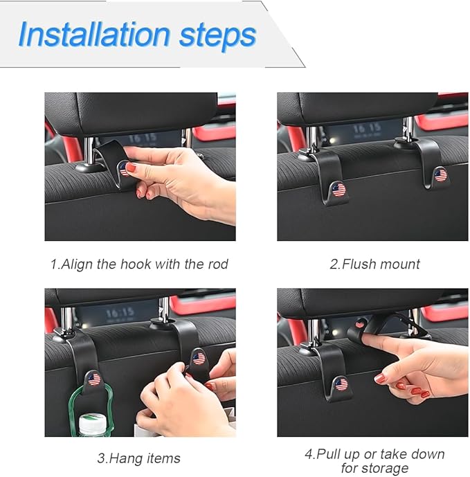 4PCS Car Seat Headrest Hooks, Auto Back Seat Hanger Holder, Durable Stylish Vehicle Organizer Universal Car Interior Accessories, Storage Hooks for Purses, Bags, Clothes, Hats (Black/Red Flag)