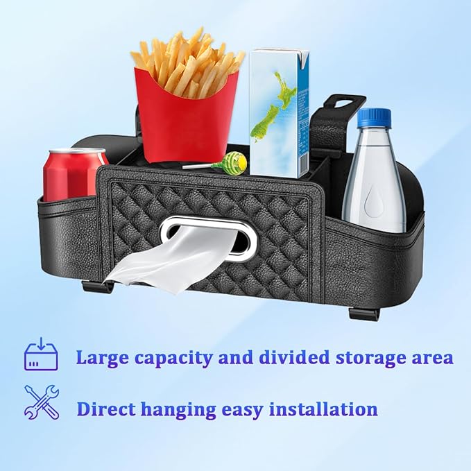 Car Headrest Backseat Organizer, Multifunctional Vehicle Seat Back Hanging Storage Box with Cup Holder and Hooks, Automotive Interior Headrest Storage Organizer, Universal Fit (Black)