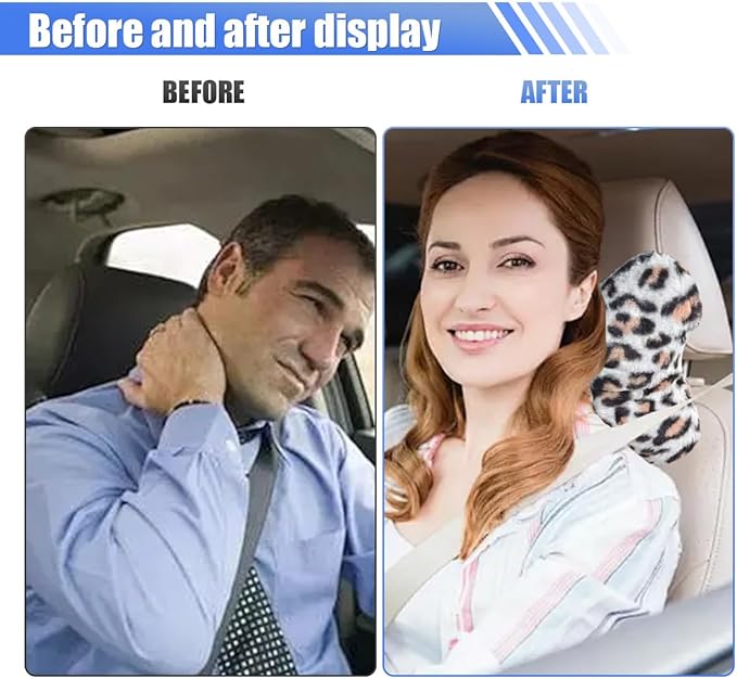 2PCS Cute Bow Car Headrest Pillow, Soft Breathable Leopard Plush Car Neck Support Pillow, Comfortable Warm Ergonomic Auto Interior Head Rest Cushion for Women, Girl (Gray)
