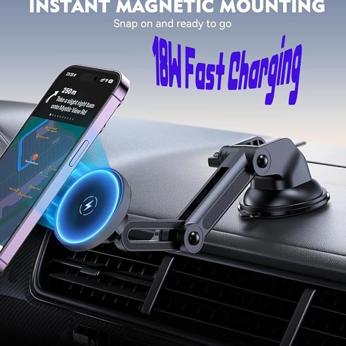 2025 Compatible with iPhone and Android Car Mount Charger for MagSafe 3-in-1 Wireless Fast Charging with Magnetic Suction Cup Mount for Windshield, Vent, or Dash, Type-C Input, 15W Output Power