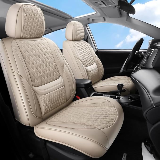 Front Seat Car Seat Covers Custom Fit for Ford Fiesta 2011-2019 - Premium Faux Leather with Lumbar Support | Breathable, Waterproof, Anti-Slip, Durable (Beige,Front Seat)