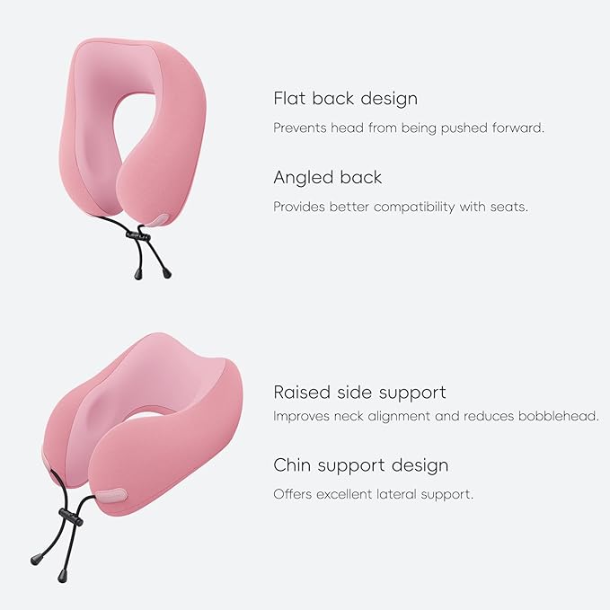 Neck Pillow for Travel Memory Foam Design Models Pillows with Zero Eye Pressure 3D Eye Mask and Compact Bag Traveling Essentials Plane Car Flight Rest Sleeping Use Adult, Pink