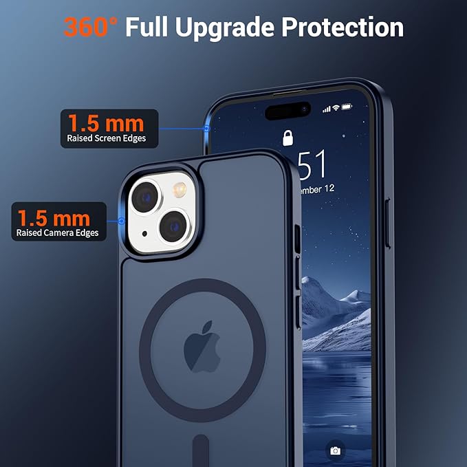 SUPFINE Magnetic for iPhone 15 Case with Screen Protector (Compatible with MagSafe) (Military Grade Drop Protection) Translucent Matte Shockproof Phone Cover,Dark Blue