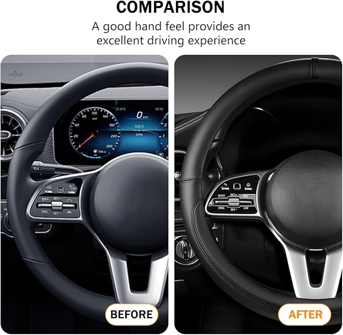 Car Steering Wheel Cover, 15 Inch Leather Anti-Slip Breathable Vehicle Steering Wheel Protector, Automotive Interior Protection Accessories, Universal for SUV Sedan Truck (Black)