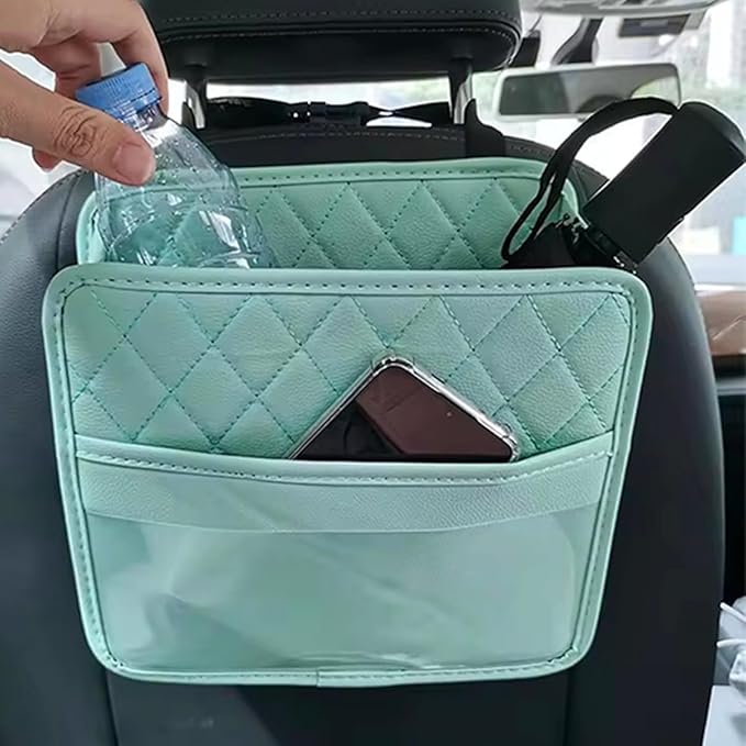 Car Seat Back Organizer, Leather Multipurpose Collapsible Vehicle Backseat Hanging Bag, Portable Automotive Interior Seat Storage Organizer, Universal for SUV RV Truck (Green)