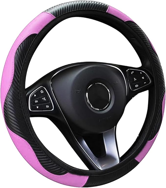 Car Steering Wheel Cover, 15 inch Carbon Fiber Microfiber Anti-Slip Breathable PU Leather Elastic Steering Wheel Protector, Car Interior Accessories for Most Cars (Pink)