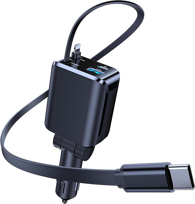 4 in 1 Retractable Car Charger, 69W Fast Charging USB C Car Charger with 2 Built-in Cables & Dual Ports, Multi Port Car Phone Charger Adapter for iPhone 17/16/15, Tablets, Android