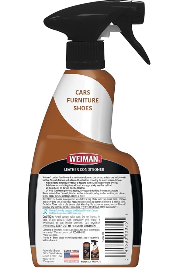 Weiman Leather Cleaner & Conditioner - 12 Fl Oz - Non Toxic Cleans Conditions and Restores Leather Surfaces - UV Protectants Help Prevent Cracking or Fading of Leather Couches Car Seats Shoes Purses