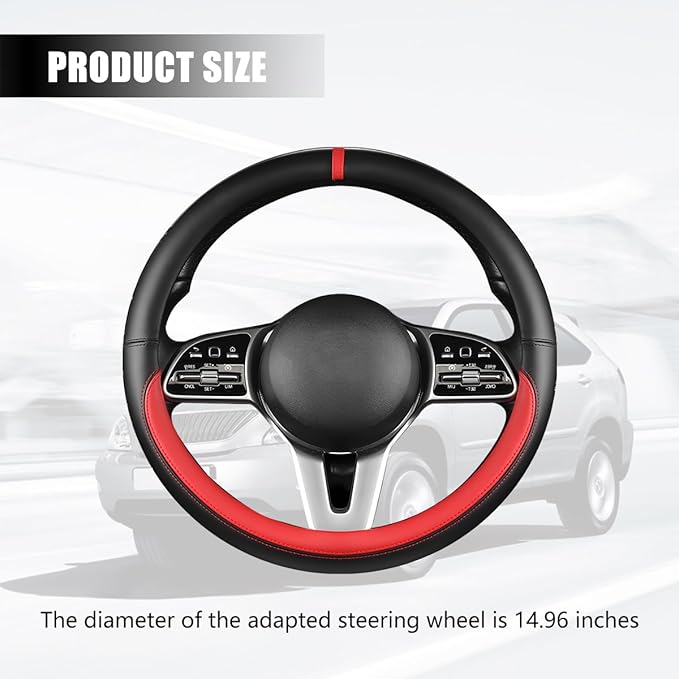 Car Steering Wheel Cover, 15 Inch Leather Anti-Slip Breathable Vehicle Steering Wheel Protector, Automotive Interior Protection Accessories, Universal for SUV Sedan Truck (Black/Red)