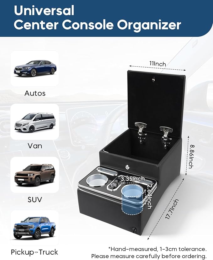 Center Console Organizer, Rear Bench Seat Armrest Organizer with Fast Phone Charging & Cup Holders