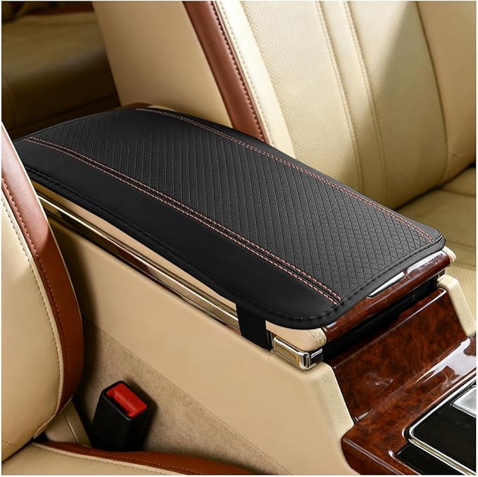 Car Center Console Cover, PU Leather Vehicle Armrest Seat Box Cover Protector, Comfortable Automotive Interior Arm Rest Cushion Pad Accessories, Universal for SUV Sedan Truck (Black/Orange)