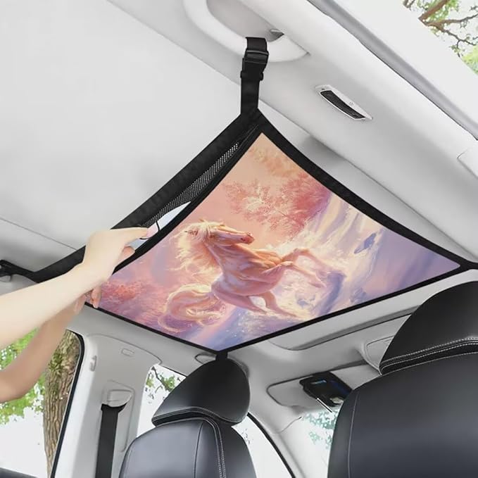 White Horse Print Car Roof Storage Bag Hanging Car Storage Bag Multi-Purpose Car Bag Storage Box Organizer Pouch Pocket One-Size-Fits Car Travel Accessories