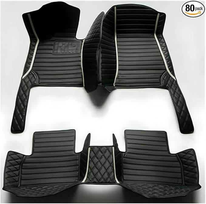 TREGOO All Weather Car Mats Custom Fit Non Slip Floor Mats for 1998-2025 Cars Personalized Leather Protection Pads Suitable for Men Women (Black Double Panel with White Stripe)