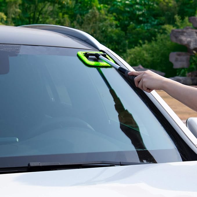 XINDELL Windshield Cleaning Tool for Car – Extendable Handle Window Cleaner with Reusable Microfiber Pads, Streak-Free Interior & Exterior Auto Glass Cleaner (Green)