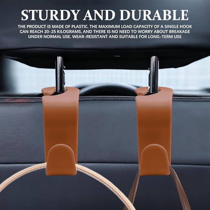 4PCS Car Seat Headrest Hooks, Purse Hook for Car, Auto Back Seat Organizer Storage Hanger Holder, Auto Accessories Multi-Use Portable Headrest Organizer Holder for Purse Handbag Coats (Brown)