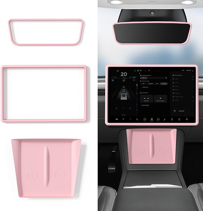 Farmogo Protector Trim Frame for 15.4'' Tesla Model Y & Model 3 Highland 2024-2026 Accessories with Wireless Silicone Charging Mat Screen Edge & Rearview Mirror Protector Frame (3 PCS Pink)