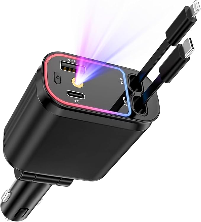 Retractable Car Charger 4 in 1 Fast Car Phone Charger | RGB Starlight | 2 Retractable Cords (Type C + iOS) with Additional 2 Ports | Charge 4 Devices | Compatible with Android & iPhone Models