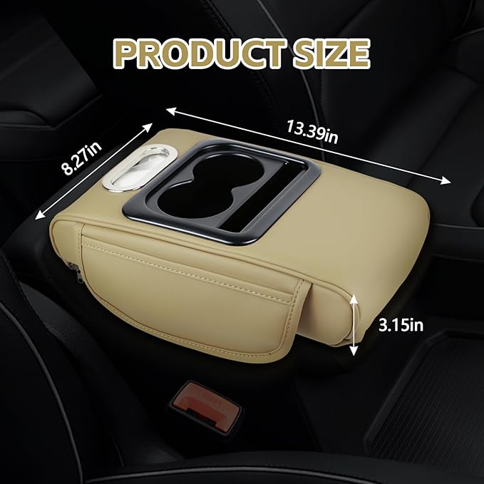 wuyaoyao Car Center Console Cover, 13.39"×8.27"×3.15" Leather Car Armrest Cover with Pocket & Tissue Box & Cup Holder, Multifunctional Auto Armrest Cushion Pad, Universal Car Accessories (Beige)