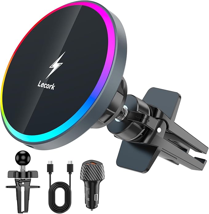 Lecork for Magsafe Car Mount Charger with Cigarette Lighter Adapter, Air Vent Magnetic Wireles Car Holder for iPhone 17Pro Max, iPhone 16 15 14 Series, Samsung S26 Ultra, Zinc Alloy, Black