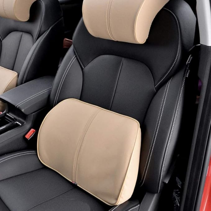 Car Seat Lumbar Support Pillow Neck Pillow Headrest Head Support Back Cushion Pad Soft Memory Foam Artificial Leather for Car Home Office Chairs Lower Back Pain Relief Corrects Posture Beige