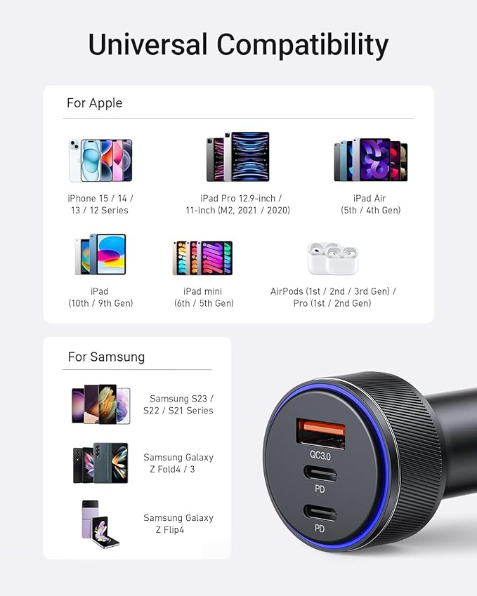 USB-C Car Charger, 3-Port 90W Fast Car Charger, Dual USB-C & USB-A Car Power Adapter, PD3.0 & QC3.0 Fast Charging for iPhone 17/16/15/14/13Pro Max, iPad, MacBook and More
