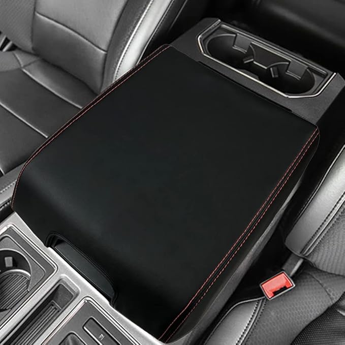 XITER 1PC Leather Center Console Armrest Box Cover Waterproof Cushion Pad for F150 2015-2020 F250 F350 F450 Super Duty 2017-2022 Expedition 2018-2023(Red Stitches)