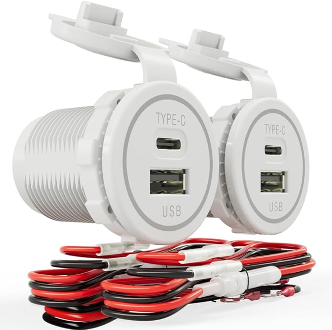 [White] USB Cigarette Lighter Socket Type C Charger DAMAVO YM1218 12V Outlet USB C Charging Port for Car Boat Marine Motorcycle ATV RV Campers Tractors Truck, USBA+C-2 PCS