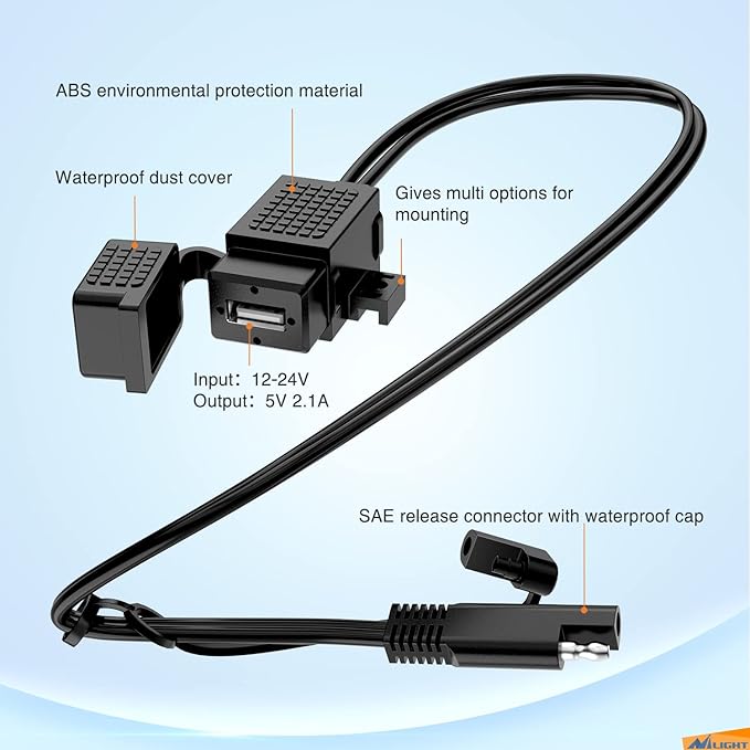 Nilight Waterproof Motorcycle USB 3.1Amp Quick SAE to USB Charger Adapter O Ring Terminal Cable Harness with Inline 5Amp Fuse Handlebar for Mobile Devices GPS