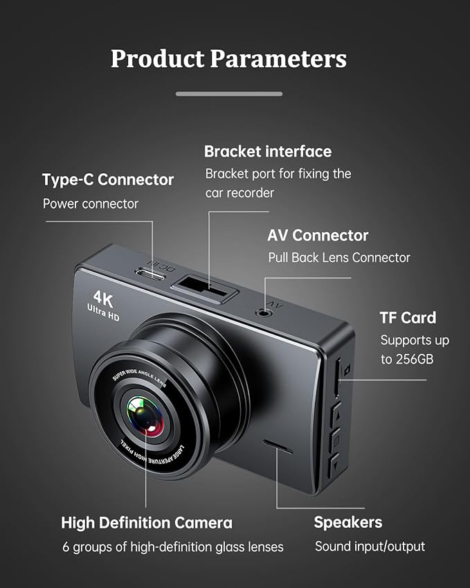 Dash Cam Front and Rear, Dash Camera for Cars 4K+1080, Dashcam Built-in WiFi, APP Control, 32GB Card Included, 3" IPS Touch Screen, 24H Parking Monitor, Night Vision, G-Sensor