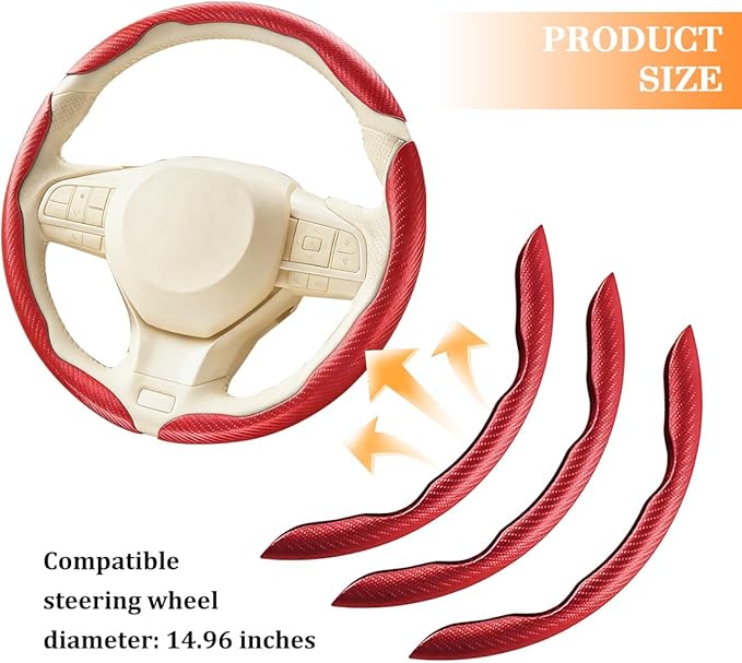 3PCS Carbon Fiber Car Steering Wheel Cover, Leather Segmented Anti-Skid Steering Wheel Protector, Snap on Automotive Interior Protection Accessories, Universal for Vehicles (Red)