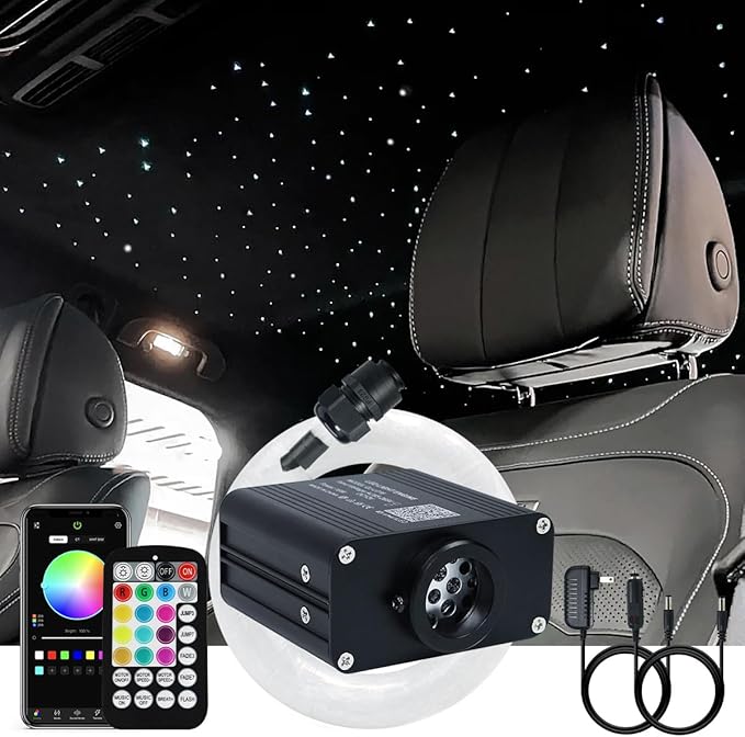 AKEPO 16W Small Size RGBW Twinkle Fiber Optic Lights kit, 200pcs 0.03in 9.8ft/3m Optical Fiber + APP Control+ Music Activated Starlight Headliner Kit for Car/Star Ceiling Light for Home