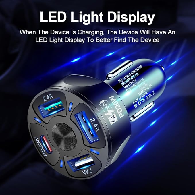 4 Port USB Fast Charging Cigarette Light Car Charger 3 * 2.4 A USB/ 1 PD20W LED Light Compatible with Tablets Cameras iPhone 14 13 12 11 Pro Max X XR XS Samsung Galaxy Series Google Pixel Android/iOS