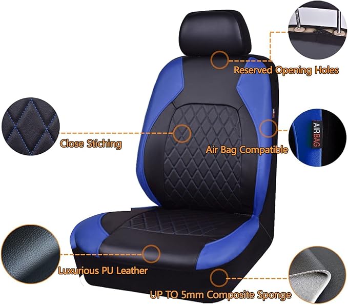 Universal Deluxe Pu Luxury Vinyl Faux Leather Car Seat Covers Two Front 6 Pieces Airbag Compatible Fit for Cars SUV Vehicles (Black and Blue)