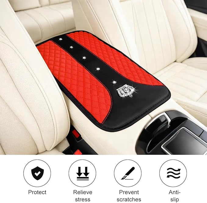 Bling Car Center Console Cover, Crown Crystal Rhinestones Vehicle Armrest Mat Protector, Anti Slip Sparkling Automotive Arm Rest Seat Box Cushion Pad Decor Accessories, Universal Fit (Red)