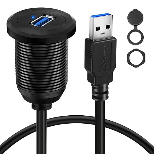 BATIGE Alloy Single Port USB 3.0 Dashboard Port Car Mount Flush Cable, Male to Female Waterproof Extension Cable for Car Truck Boat Motorcycle with LED Indicator 1ft